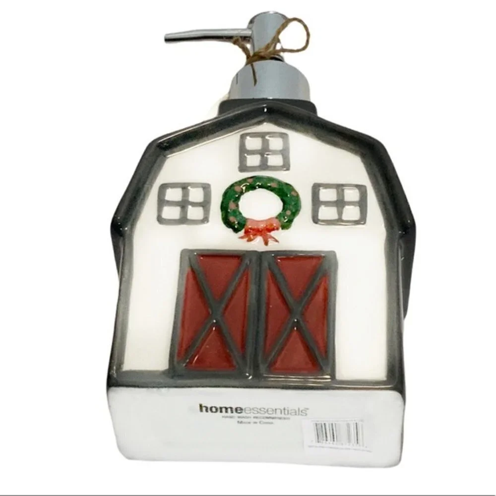 Christmas Barn Soap Lotion Dispenser Ceramic Hand Painted Gift Grey Wreath Re…